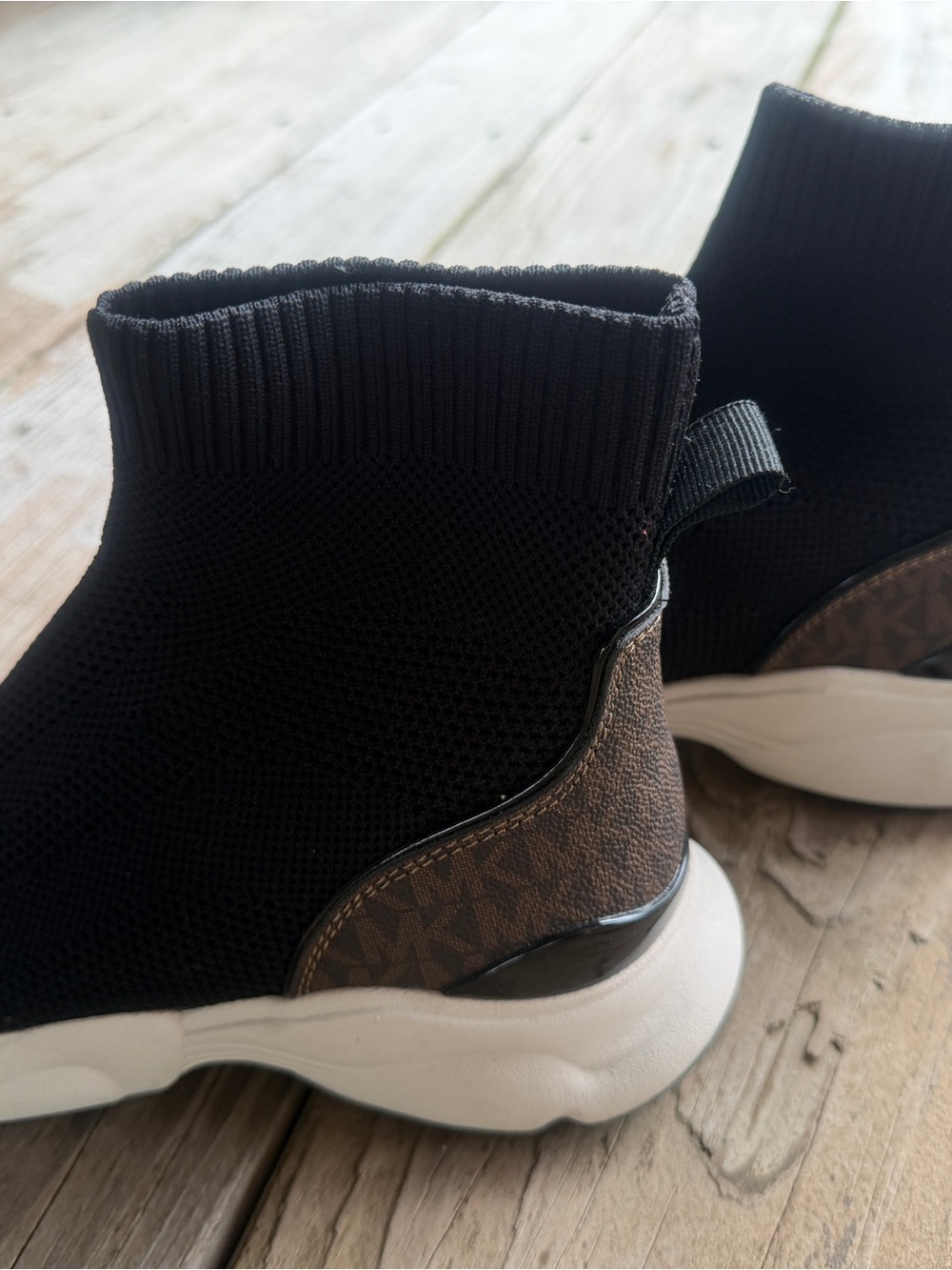 Michael Kors Black Knit Slip-On High-Top Sneakers with Brown Logo Heel